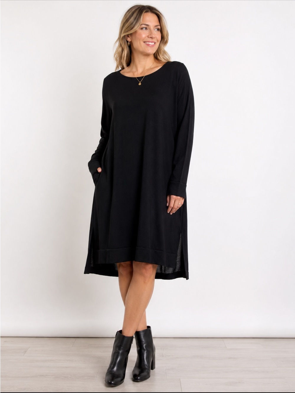 Eileen Fisher Merino Wool Shift Dress Black Medium Relax Fit